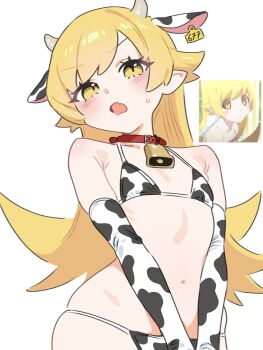 1girl animal_ear_earrings animal_ears animal_print bell bikini blonde_hair blush blush_stickers collarbone cow_ears cow_horns cow_print cow_print_bikini elbow_gloves fang flat_chest gloves highres horns loli long_hair looking_at_viewer monogatari_(series) navel neck_bell open_mouth oshino_shinobu own_hands_together photo_inset pointy_ears print_bikini ribs skin_fang solo spiked_hair sweat swimsuit upper_body vampire white_background xxskreamlo87809 yellow_eyes