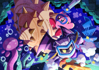 Rule 34 | absurdres, algae, armor, bat wings, colored skin, commentary request, galaxia (sword), goggles, highres, holding, holding sword, holding weapon, kirby, kirby's return to dream land, kirby (series), mask, meta knight, nintendo, no humans, pauldrons, pink skin, shoulder armor, signature, solid oval eyes, spikes, star (symbol), sword, underwater, watawata22, weapon, wings, yellow eyes