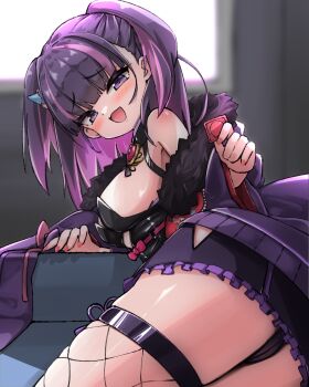 1girl azur_lane black_panties blue_horns blush breasts condom condom_wrapper fang fishnet_thighhighs fishnets fujinami_(azur_lane) highres holding holding_condom horns kuranaryuu medium_breasts multicolored_hair panties pink_hair pink_streaks purple_eyes purple_hair single_horn single_thighhigh smug solo streaked_hair thighhighs two_side_up underwear