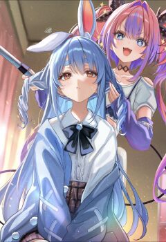 Rule 34 | :d, animal ears, arm warmers, black bow, black bowtie, blue eyes, blue hair, blue jacket, bow, bowtie, braid, center frills, clothing cutout, collared shirt, commentary request, cropped shirt, day, frills, hair bow, highres, holding another's hair, hololive, hololive dev is, indoors, jacket, kikirara vivi, kikirara vivi (1st costume), long hair, miniskirt, multicolored hair, open mouth, orange eyes, pink hair, plaid clothes, plaid skirt, purple arm warmers, rabbit-shaped pupils, rabbit ears, rabbit girl, sa-ya2, shirt, shirt tucked in, short eyebrows, shoulder cutout, side braids, single off shoulder, sitting, skirt, smile, star-shaped pupils, star (symbol), symbol-shaped pupils, thick eyebrows, two-tone hair, two side up, tying another's hair, usada pekora, very long hair, virtual youtuber, white hair, white shirt