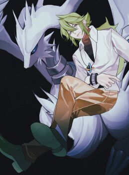 1boy bangle blue_eyes bracelet brown_pants claws collared_shirt colored_sclera gen_5_pokemon green_hair highres jewelry legendary_pokemon long_hair n_(pokemon) nintendo pants pokemon pokemon_(creature) pokemon_bw reo_(mmocc123) reshiram shirt shoes simple_background undershirt void_cube white_fur white_shirt wristband