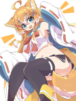Rule 34 | 1girl, ahoge, animal ear fluff, animal ears, aqua eyes, belly, black skirt, black thighhighs, blue sailor collar, bow, bowtie, breasts, cropped shirt, fang, feet out of frame, groin, hair between eyes, hair ornament, hairclip, hands up, highres, jacket, jacket partially removed, knees up, large breasts, light blush, long hair, looking at viewer, miniskirt, multicolored hair, navel, notice lines, open clothes, open jacket, open mouth, orange hair, original, pleated skirt, red bow, red bowtie, red ribbon, ribbon, ribbon-trimmed sleeves, ribbon-trimmed thighhighs, ribbon trim, sailor collar, shirt, side slit, sidelocks, skin fang, skirt, sleeveless, sleeveless shirt, sleeves past fingers, sleeves past wrists, smile, solo, tail, tail censor, thighhighs, toramaru2001710, two-tone hair, very long hair, white hair, white jacket, white shirt, wide sleeves, x hair ornament