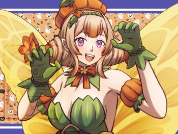1girl :d bat_(animal) blonde_hair bow breasts claw_pose cleavage dress fairy fairy_wings fire_emblem fire_emblem_heroes fukukichi2529 ghost gloves green_dress green_gloves halloween halloween_costume hat jack-o&#039;-lantern large_breasts looking_at_viewer nintendo official_alternate_costume open_mouth orange_bow orange_hat peony_(fire_emblem) peony_(fruitful_dream)_(fire_emblem) pumpkin_hat purple_eyes sideboob smile solo strapless strapless_dress teeth upper_body upper_teeth_only wings