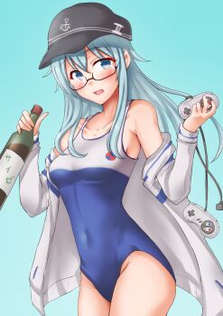 1girl alternate_costume anti_(untea9) bespectacled blue_background blue_eyes blue_one-piece_swimsuit blush bottle breasts collarbone competition_school_swimsuit cowboy_shot embarrassed flat_cap glasses green_background grey_hair hair_between_eyes hat hibiki_(kancolle) high_school_fleet highres isoroku_(haifuri) jacket kantai_collection long_hair long_sleeves looking_at_viewer new_school_swimsuit one-piece_swimsuit open_mouth red-framed_eyewear school_swimsuit small_breasts solo super_famicom_gamepad swimsuit two-tone_swimsuit white_jacket white_one-piece_swimsuit wine_bottle yokosuka_girls_marine_high_school_swimsuit