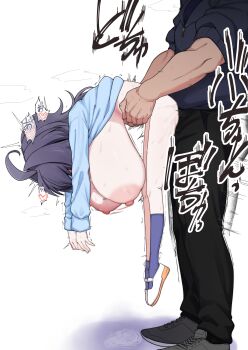 1boy 1girl absurdres ahoge breasts carrying commentary_request dangling_arms faceless faceless_female faceless_male gigantic_breasts grey_hair hanging_legs highres minakamirin muscular muscular_male oppai_loli sex shoes size_difference sneakers socks sportswear sweat tall_male torso_grab trembling white_background