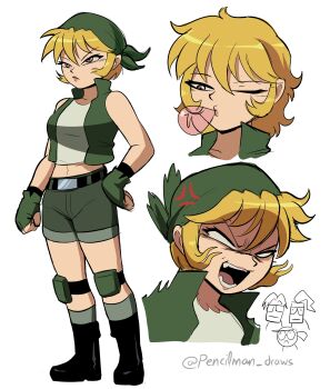 2boys 2girls absurdres bandana belt black_belt black_boots blank_eyes blonde_hair blowing_bubble_gum blowing_bubbles boots breasts brown_eyes chewing_gum commentary fingerless_gloves fio_germi frown glasses gloves green_bandana green_gloves green_shorts green_vest hand_on_own_hip highres kasamoto_eri knee_pads marco_rossi medium_breasts metal_slug multiple_boys multiple_girls one_eye_closed open_mouth pencilman_draws short_hair short_shorts shorts solo_focus tarma_roving twitter_username v-shaped_eyebrows vest