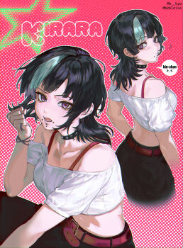 >_< 1girl artist_name bare_shoulders belt black_hair blunt_bangs blush bracelet breasts byakuyablaise character_name chin_piercing choker chromatic_aberration clenched_hand collarbone commentary cowboy_shot cropped_legs dahlia_(piercing) english_commentary face_piercing genderswap genderswap_(mtf) green_streaks halftone halftone_background highres hoshi_kirara jewelry jujutsu_kaisen labret_piercing medium_hair multicolored_hair multiple_piercings multiple_views off-shoulder_shirt off_shoulder open_mouth outline piercing pink_background pink_belt puckered_lips purple_eyes shirt simple_background speech_bubble spiked_choker spikes star_(symbol) star_in_eye streaked_hair symbol_in_eye undershirt white_outline wolf_cut