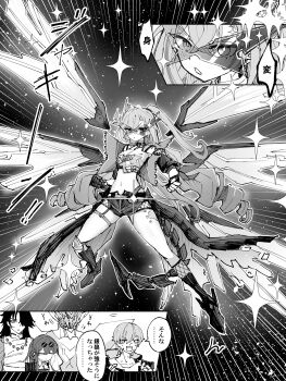 6sakuu absurdres blade_(honkai:_star_rail) blush boots caelus_(honkai:_star_rail) commentary_request crop_top drill_hair emphasis_lines greyscale hair_over_one_eye handkerchief highres holding holding_handkerchief honkai:_star_rail honkai_(series) jacket kafka_(honkai:_star_rail) kamina_shades long_hair mechanical_wings midriff monochrome navel nervous_sweating sam_(honkai:_star_rail) shorts silver_wolf_(elation)_(honkai:_star_rail) silver_wolf_(honkai:_star_rail) space sweat tears thigh_strap trailblazer_(honkai:_star_rail) twin_drills wings wiping_tears