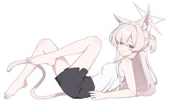 1girl akira_(blue_archive) blue_archive blush breasts highres long_hair looking_at_viewer lying mandara3a red_eyes shirt simple_background small_breasts solo white_background white_hair white_shirt