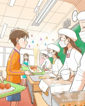 1other 2025 2boys 4girls :d analog_clock artist_name brown_hair chalkboard classroom clock commentary_request faceless food from_side hair_net highres holding holding_tray indoors long_hair looking_at_another low_ponytail lunch maekawa_wakaba mask mouth_mask multiple_boys multiple_girls open_mouth orange_shirt original ponytail profile rice shirt short_hair smile sparkle standing steam tray window