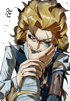 2boys biting biting_another's_hand black_sclera blonde_hair blood blue_vest colored_sclera fangs gradient_hair green_eyes hair_slicked_back hand_on_another's_arm head_tilt heterochromia highres identity_v looking_at_viewer marcus_thorne multicolored_hair multiple_boys pov pov_hands red_pupils scar scar_on_face shirt shu0718 single_hair_intake solo_focus upper_body vest wavy_hair white_eyes white_shirt