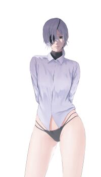 1girl aanryus arms_behind_back bikini black_bikini black_eyes chainsaw_man closed_mouth collared_shirt eyepatch grey_hair grey_shirt highres long_hair long_sleeves looking_at_viewer quanxi_(chainsaw_man) shirt simple_background solo swimsuit white_background