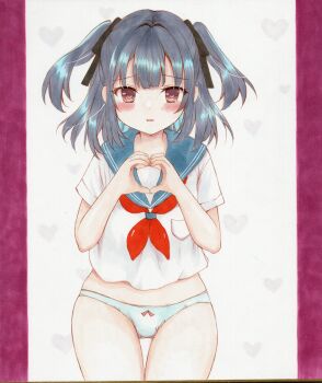 1girl absurdres black_ribbon blue_sailor_collar blush border bow bow_panties breast_pocket center-flap_bangs commentary_request cowboy_shot grey_hair hair_ribbon hands_up heart heart_background heart_hands highres kzfibkpon688647 looking_at_viewer neckerchief no_pants original panties parted_lips photo_(medium) pink_border pink_eyes pocket raised_inner_eyebrows red_neckerchief ribbon sailor_collar sailor_shirt school_uniform shirt short_sleeves solo standing straight-on thigh_gap two_side_up underwear white_background white_panties white_shirt