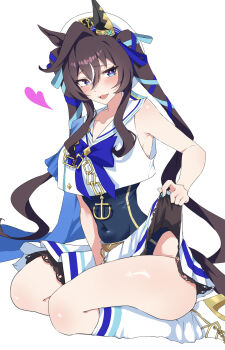 1girl absurdres animal_ears anok7456 blue_eyes boots bright_pupils brown_hair clothes_lift collarbone covered_navel hair_between_eyes highres horse_ears horse_tail lifting_own_clothes long_hair looking_at_viewer mole mole_under_eye open_mouth simple_background sitting skirt skirt_lift sleeveless solo tail thighs twintails umamusume very_long_hair vivlos_(umamusume) vivlos_(voyage_etincelant)_(umamusume) wariza white_background white_boots white_hair white_pupils white_skirt