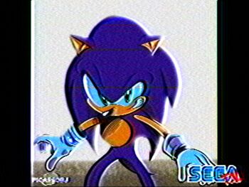 Rule 34 | 1990s (style), 1998, 1boy, 90s anime, blue fur, blue hair, combat poser, gloves, green eyes, grin, hedgehog, looking at viewer, picassobj, retro artstyle, sega, smile, sonic (series), sonic adventure, sonic the hedgehog, tail
