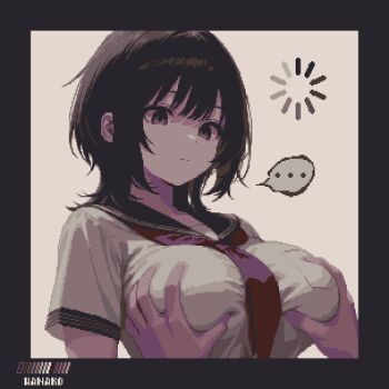 ... 1girl ai-assisted black_hair blue_sailor_collar blunt_bangs breast_pocket breasts brown_hair closed_mouth confused grabbing_another&#039;s_breast groping highres large_breasts loading_icon medium_hair neckerchief original pixel_art pocket red_neckerchief sailor_collar school_uniform serafuku shirt short_sleeves sidelocks solo specialhanako white_shirt