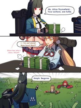 1boy 3girls alice_thymefield animal_ears blonde_hair choker dorahdew english_text fox_ears hair_ornament heterochromia highres hoshimi_miyabi hostage money multiple_girls pile_of_money red_hair sphere_hair_ornament ukinami_yuzuha wise_(zenless_zone_zero) zenless_zone_zero