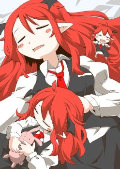 3girls bat_wings black_skirt black_vest black_wings blush_stickers breasts chibi closed_eyes collared_shirt demon_girl head_wings koakuma long_hair long_sleeves lying mini_person minigirl multiple_girls multiple_persona necktie on_back open_mouth pointy_ears red_hair red_necktie shirt skirt skirt_set sleeping stuffed_toy touhou vest white_shirt wings zannen_na_hito