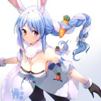 1girl animal_ear_fluff animal_ears bare_shoulders black_gloves black_pantyhose blue_hair braid breasts cleavage closed_mouth clothing_cutout coat coat_dress collarbone commentary_request detached_sleeves don-chan_(usada_pekora) dress fur-trimmed_coat fur-trimmed_gloves fur_trim gloves highres hololive long_hair looking_at_viewer medium_breasts multicolored_hair orange_eyes pantyhose playboy_bunny puffy_short_sleeves puffy_sleeves rabbit_ears rabbit_girl scarf shirousagi_una short_sleeves simple_background sitting smile solo strapless strapless_dress twin_braids two-tone_hair underboob usada_pekora usada_pekora_(1st_costume) very_long_hair virtual_youtuber white_background white_dress white_hair white_scarf white_sleeves