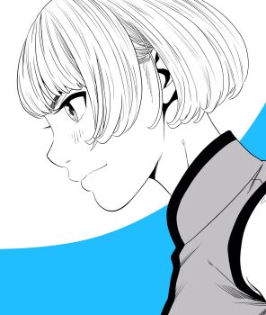 1girl blue_background bob_cut breasts commentary_request eyebrows_hidden_by_hair from_side greyscale_with_colored_background highres lee_(dragon_garou) light_blush light_smile medium_breasts original portrait solo vest w