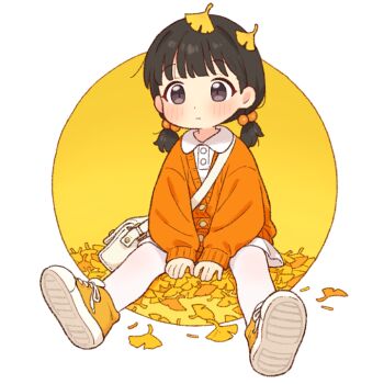 1girl bag black_eyes black_hair blush cardigan closed_mouth commentary full_body ginkgo_leaf hair_bobbles hair_ornament leaf leaf_on_head long_sleeves low_twintails miniskirt onyhakase orange_cardigan orange_shoes original pantyhose puffy_long_sleeves puffy_sleeves shirt shoe_soles shoes short_hair shoulder_bag sitting skirt solo twintails white_bag white_pantyhose white_shirt white_skirt