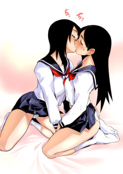 00s 2girls ass bed_sheet black_hair blush closed_eyes couple ez6 feet fujiyoshi_harumi glasses highres kiss kitsu_chiri kneeling long_hair multiple_girls panties reference_work rimless_eyewear sayonara_zetsubou_sensei school_uniform serafuku socks striped_clothes striped_panties sweatdrop underwear white_panties white_socks yuri