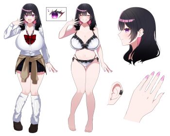 1girl :d absurdres black_hair black_skirt bra breasts cleavage closed_eyes collared_shirt colored_inner_hair commentary_request commission full_body highres huge_breasts looking_at_viewer loose_socks medium_hair mitsuki_(ayanop1111) multicolored_hair multiple_views navel open_mouth original panties pink_nails purple_eyes purple_hair reference_sheet shirt simple_background skeb_commission skirt smile socks teeth thick_thighs thighs underwear white_background white_shirt white_socks