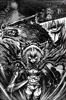 animal_hood black_souls black_souls_2 blood blood_on_arm blood_on_clothes blood_on_face breasts cape chengzilong8 empty_eyes fur-trimmed_hood fur_trim highres holding holding_knife hood hood_up hooded_cape knife looking_at_viewer red_hood_(black_souls) revealing_clothes thighhighs wolf