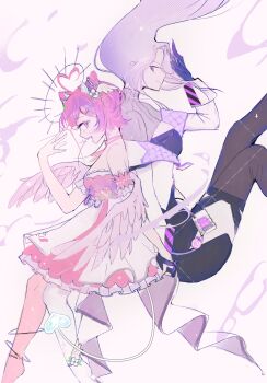Rule 34 | 2girls, absurdres, ahoge, ai candii, black dress, breasts, claws, demon girl, demon horns, demon tail, dress, em (ewmi), feathered wings, halo, heart, heart ahoge, highres, horns, indie virtual youtuber, ironmouse, lab coat, long hair, multicolored hair, multiple girls, pink eyes, pink hair, purple eyes, purple hair, short hair, streaked hair, tail, thighhighs, vchiban, virtual youtuber, white background, wings