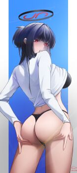 1girl absurdres aifankuendefeng ass back black_bra black_hair blue_archive bra chinese_commentary clothes_lift commentary_request halo hands_on_own_ass highres looking_at_viewer panties red_eyes ringed_eyes rio_(blue_archive) sweater sweater_lift underwear variant_set white_sweater