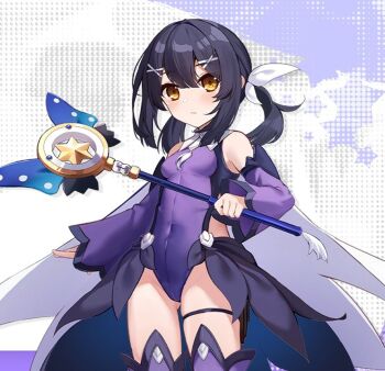 1girl artist_request black_hair breasts brown_eyes cape covered_navel detached_sleeves fate/kaleid_liner_prisma_illya fate_(series) gluteal_fold hair_ornament hairclip kaleidostick leotard long_hair magical_girl magical_sapphire miyu_edelfelt official_art purple_leotard purple_sleeves purple_thighhighs ribbon second-party_source small_breasts thigh_strap thighhighs thighs twintails white_cape white_ribbon