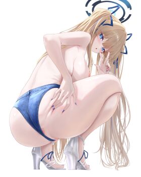 1girl absurdres alternate_costume alternate_hairstyle anus anus_peek ass bare_shoulders blonde_hair blue_archive blue_eyes blue_nails blue_ribbon blush breasts deep_skin denim denim_shorts fingernails from_behind full_body grabbing_own_thigh hair_ribbon highres large_variant_set long_hair looking_at_viewer medium_breasts micro_shorts nail_polish nipples noa_(skae3323) open_clothes open_mouth partially_visible_vulva ribbon sandals short_shorts shorts simple_background solo squatting strappy_heels taut_clothes thighs toenail_polish toenails toki_(blue_archive) topless_female twintails variant_set very_long_hair w white_background
