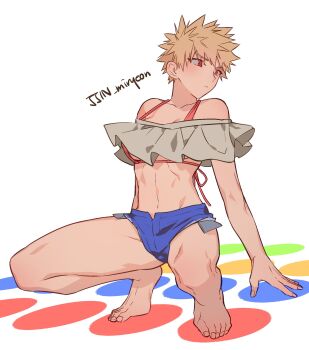 1girl bakugou_katsuki barefoot blonde_hair blue_shorts boku_no_hero_academia breasts cleavage closed_mouth collarbone crop_top fingernails genderswap genderswap_(mtf) grey_shirt highres misa_(jjin_miryeon) red_eyes shirt shorts solo spiked_hair squatting toenails toned toned_female twister underboob white_background