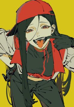 1girl akmizuk backwards_hat black_eyes black_gloves black_hair black_pants black_shirt butcher_vanity_(synthesizer_v) crop_top fangs finger_in_own_mouth gloves hand_on_own_hip hat highres jacket midriff mole mole_above_eye open_mouth pants red_hat red_pupils red_trim shirt synthesizer_v vimalion_pro white_jacket yellow_background yi_xi_(synthesizer_v)