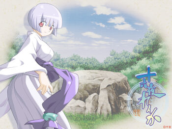 Rule 34 | 1girl, aya (izayoi renka), bad id, blue hair, blue sky, blunt bangs, bob cut, closed mouth, copyright name, copyright notice, cowboy shot, day, from side, izayoi renka, japanese clothes, kimono, looking at viewer, looking to the side, obi, official art, official wallpaper, purple sash, red eyes, sash, short hair, sky, smile, solo, standing, taguchi makoto, tree, white kimono, wide sleeves