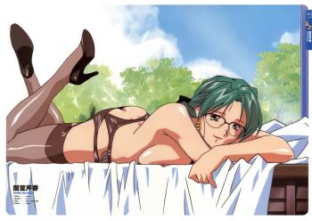 Rule 34 | 1girl, ass, black footwear, breasts, brown thighhighs, butt crack, character name, day, feet up, garter belt, garter straps, green eyes, green hair, high heels, large breasts, long hair, looking at viewer, lying, nipples, official art, on bed, on stomach, outdoors, over-rim eyewear, pumps, randou serika, semi-rimless eyewear, shitajiki, smile, solo, super real mahjong, tanaka ryou, the pose, thighhighs, topless female