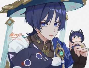 Rule 34 | 1boy, animalization, aqua gem, artist name, black bridal gauntlets, black cat, blue cape, blue eyes, blue hat, blunt ends, bridal gauntlets, bright pupils, brown bridal gauntlets, cape, cat, character doll, choppy bangs, commentary request, covered collarbone, doll, eyeliner, feathers, gem, genshin impact, gold, gold ring, hand up, hat, holding, holding stuffed toy, japanese clothes, jingasa, kimono, looking at viewer, lower teeth only, makeup, male focus, mandarin collar, middle ring, nonoji (nonoji ekaki), open mouth, person and animalization, pom pom (clothes), portrait, red eyeliner, scaramouche (cat) (genshin impact), scaramouche (genshin impact), short sleeves, shoulder peek, solo, stuffed animal, stuffed toy, teeth, tsurime, vision (genshin impact), wanderer (genshin impact), white kimono, white pupils, white sleeves, white trim, yellow feathers