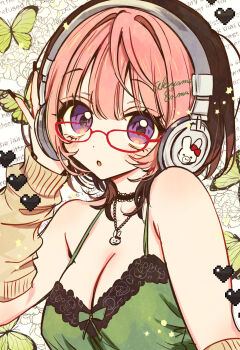 Rule 34 | 1girl, :o, akiyama enma, arm warmers, artist name, black hair, blush, breasts, brown arm warmers, bug, butterfly, camisole, cleavage, colored bangs, commentary request, cursive, glasses, green butterfly, green camisole, headphones, highres, insect, large breasts, looking at viewer, mini eyewear, multicolored hair, noa-senpai wa tomodachi., parted lips, pink hair, purple eyes, red-framed eyewear, saotome noa, short hair, signature, solo, two-tone hair, white background