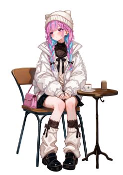 1girl absurdres bag black_shoes black_socks blue_hair braid chair closed_mouth comiket_107 commentary_request cup full_body highres hololive jacket knit_hat long_sleeves looking_to_the_side loose_socks minato_aqua multicolored_hair on_chair open_clothes open_jacket pink_bag pink_eyes pink_hair sa-ya2 shoes shoulder_bag simple_background sitting socks solo teacup transparent_background twin_braids two-tone_hair virtual_youtuber white_jacket white_socks
