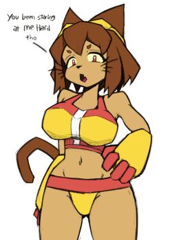 1girl absurdres alternate_costume animal_ears bikini brown_hair cat_ears cat_girl cat_tail commentary curvy dark-skinned_female dark_skin english_commentary fang furry furry_female gameoverse groin hand_on_own_hip highres kit_bodega looking_at_viewer navel official_alternate_costume open_mouth red_eyes short_eyebrows short_hair simple_background skin_fang solo swimsuit tail thong thong_bikini white_background wide_hips winchesterizy yellow_bikini yellow_gauntlets