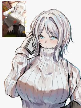 1girl blue_eyes blue_pupils blush breasts eyelashes faust_(project_moon) game_screenshot_inset highres holding holding_phone large_breasts limbus_company long_hair looking_at_viewer multiple_views phone project_moon ranyo0680 simple_background sweater turtleneck turtleneck_sweater white_background white_hair white_sweater