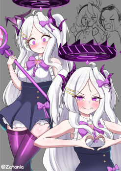 1boy 1girl absurdres ahoge ako_(blue_archive) black_halo black_thighhighs blue_archive blush breasts crying demon_girl demon_horns doodle_sensei_(blue_archive) halo heart heart_hands highres hina_(blue_archive) horns long_hair magical_girl purple_eyes purple_ribbon ribbon sensei_(blue_archive) small_breasts thighhighs thighs very_long_hair white_hair zatania