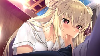 1boy 1girl ahoge black_pants blonde_hair blush censored collarbone collared_shirt double_bun fellatio from_below game_cg grey_shirt hair_between_eyes hair_bun hair_over_shoulder hetero long_hair midorikawa_miu mosaic_censoring muchimuchi_dakara_mukumuku_shita_~osananajimi_to_no_sugoshikata~ open_pants oral pants penis red_eyes sailor_collar sailor_shirt shirt solo_focus very_long_hair white_sailor_collar white_shirt yoppy