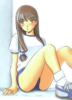 1girl blush brown_eyes brown_hair buruma dual!_parallel_trouble_adventure female_focus gym_uniform long_hair sanada_mitsuki solo