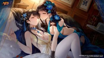 2girls absurdres bare_shoulders black_gloves black_hair breasts china_dress chinese_clothes cleavage closed_eyes commentary dress english_commentary flower gloves hair_flower hair_ornament highres hua_yubai hua_yuqing index_finger_raised indoors large_breasts long_hair looking_at_viewer mahjong_soul multiple_girls official_art pantyhose parted_lips sleeping sleeveless sleeveless_dress very_long_hair white_pantyhose yellow_eyes