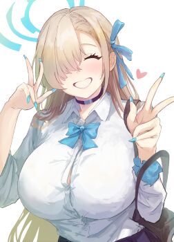 1girl ^_^ absurdres asuna_(blue_archive) asuna_(school_uniform)_(blue_archive) black_choker blue_archive blue_bow blue_bowtie blue_halo blue_nails blue_ribbon bow bowtie breasts brown_hair button_gap choker closed_eyes commentary_request double_w fingernails hair_ribbon halo highres large_breasts long_hair metsu_end nail_polish ribbon school_uniform shirt simple_background smile solo upper_body very_long_hair w white_background white_shirt