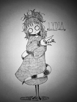 0710sekaowa 1boy 1girl 2019 animal beetlejuice beetlejuice_(character) character_name choker collarbone commentary constricted_pupils full_body gradient_background high_ponytail highres holding holding_animal long_hair long_shirt lydia_deetz messy_hair ponytail shadow sleeves_past_fingers sleeves_past_wrists snake standing tim_burton_(style) toon_(style) traditional_media wide-eyed