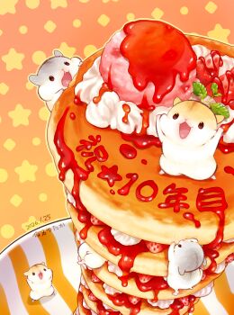 animal animal_focus commentary_request food fruit hamster highres ice_cream karikankan no_humans on_food original pancake pancake_stack plate star_(symbol) strawberry strawberry_syrup
