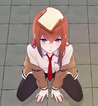 Rule 34 | 1girl, absurdres, between legs, black shorts, blue eyes, bread, bread slice, breasts, brown hair, brown jacket, brown pantyhose, closed mouth, collared shirt, commentary request, food, food on head, from above, full body, hair between eyes, hair over shoulder, hand between legs, highres, jacket, long hair, looking at viewer, looking up, makise kurisu, medium breasts, necktie, object on head, off shoulder, open clothes, open jacket, pantyhose, red necktie, science adventure, shirt, short shorts, shorts, sitting, solo, steins;gate, wariza, white shirt, wing collar, yukiooromi