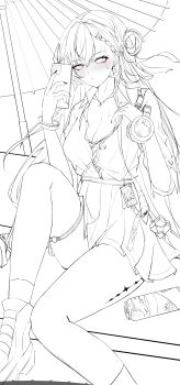 1girl absurdres blush braid braided_bangs breasts can cellphone cleavage commentary_request drink_can earrings hair_ornament hand_up high-waist_skirt highres holding holding_phone hot id_card jewelry knee_up korean_commentary large_breasts lastfor lineart long_hair lynae_(wuthering_waves) necklace oil-paper_umbrella parted_lips phone shirt_tucked_in sitting skirt skull_hair_ornament smartphone solo star_(symbol) star_earrings sweat sweatdrop tacet_mark_(wuthering_waves) thigh_strap thighs umbrella wuthering_waves